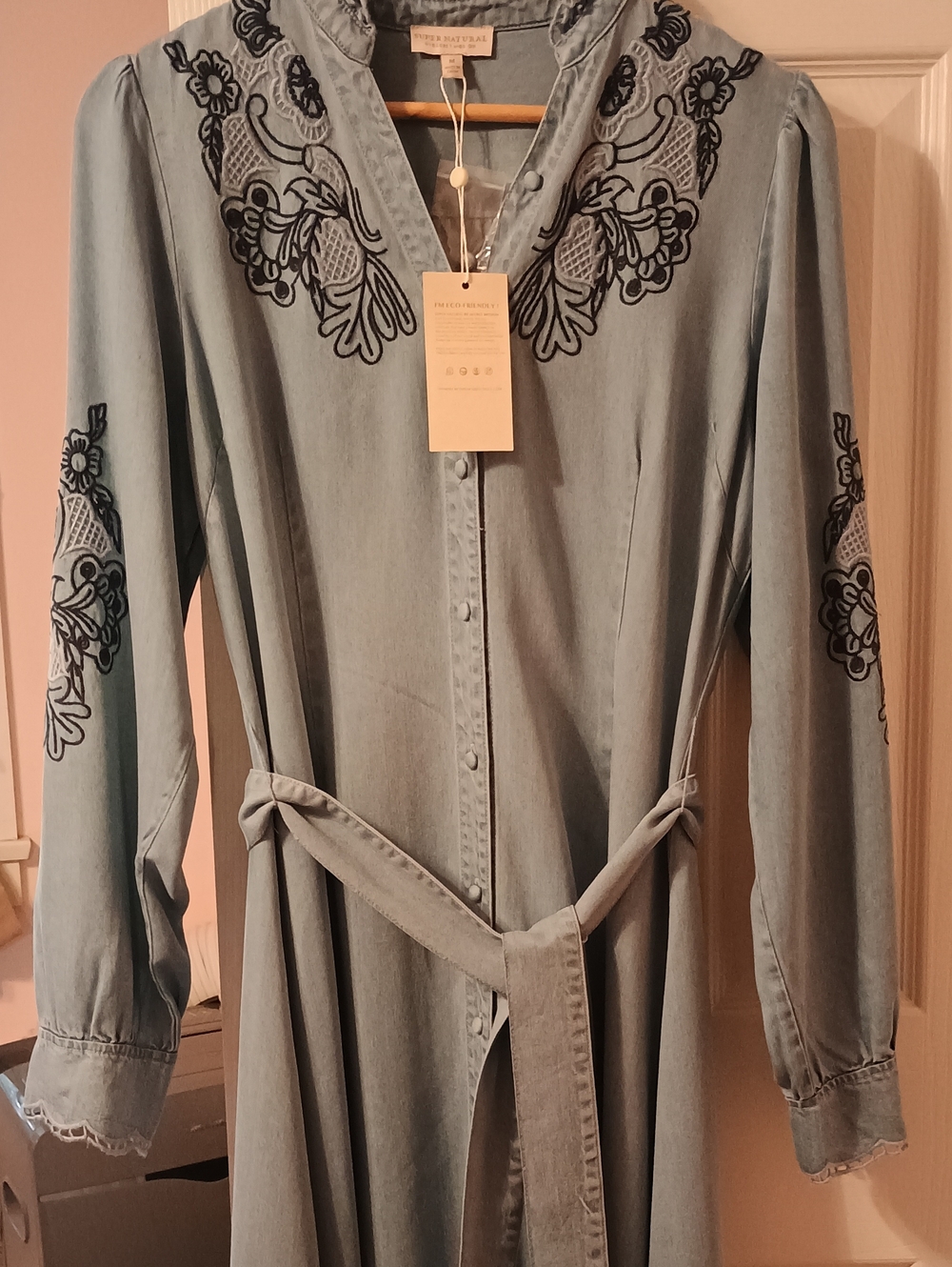 Secret Mission Lynn Embroidered Denim Maxi Dress Ruffle Neck Long Sleeve NWT M